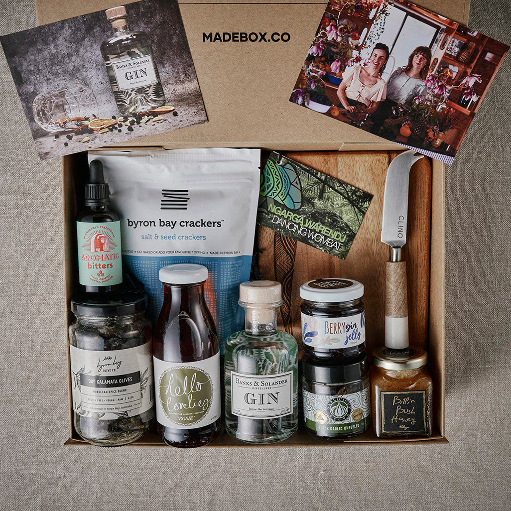 NSW gourmet gift box featuring local snacks, gin, and artisanal products from small-batch makers.