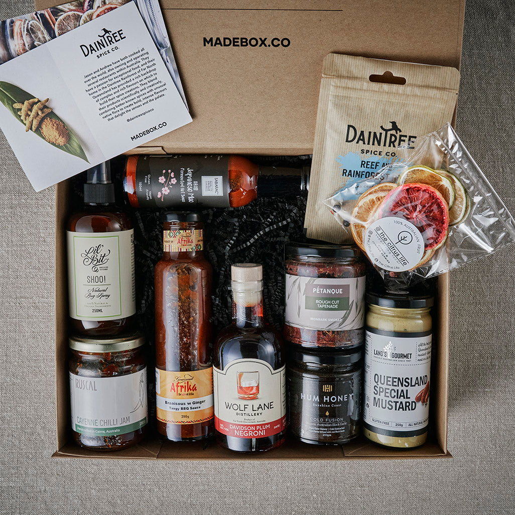 QLD Gift Hamper featuring gourmet treats, local artisan products, and unique finds in a stylish box.