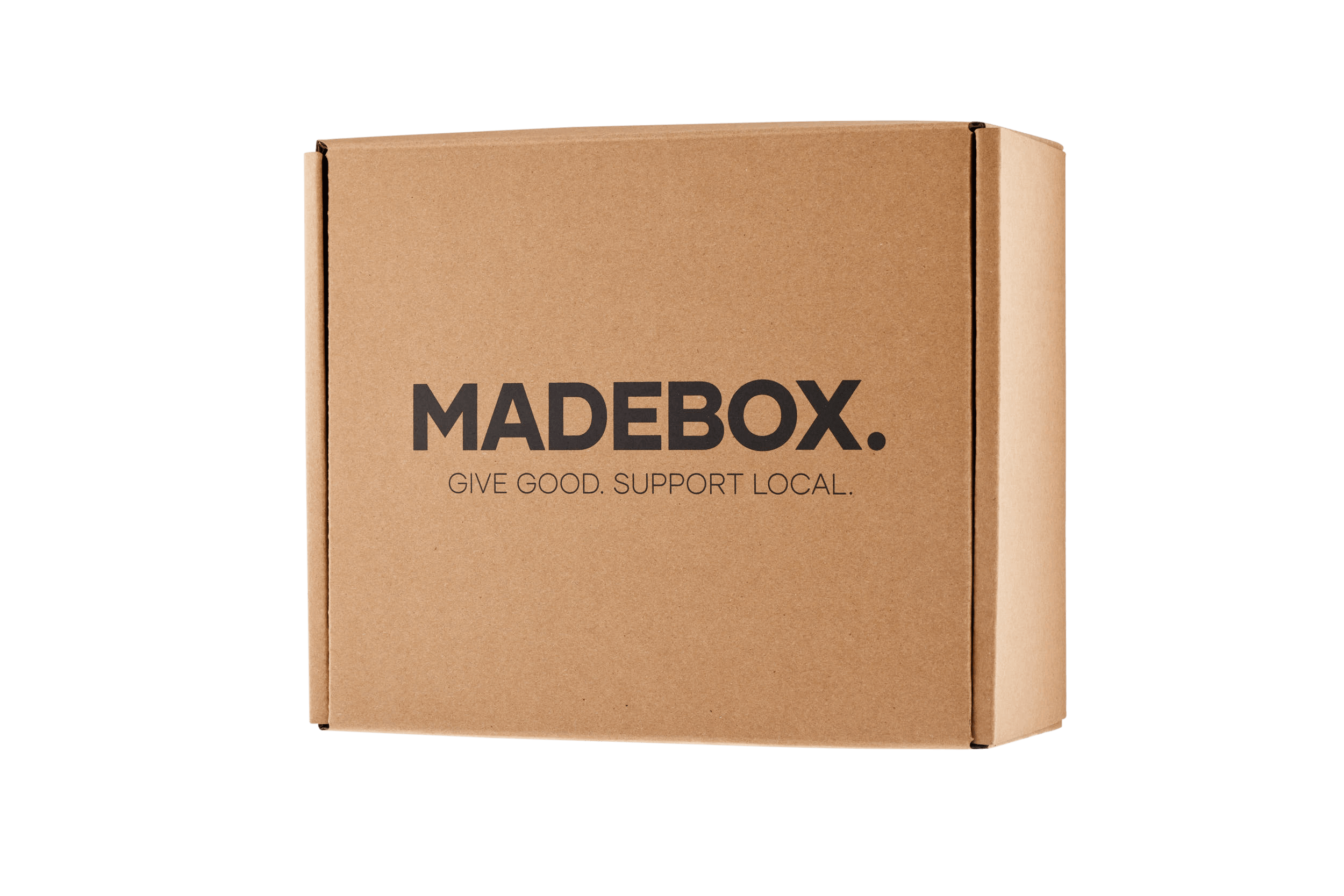 Madebox gift box showcasing its support for local products, emphasizing a message of giving good.