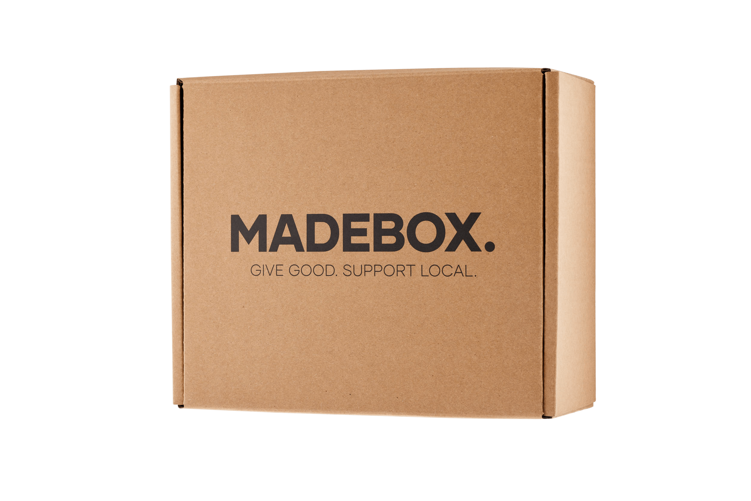 MADEBOX gift box featuring the slogan 'Give Good. Support Local.' for pre-order holiday treats.