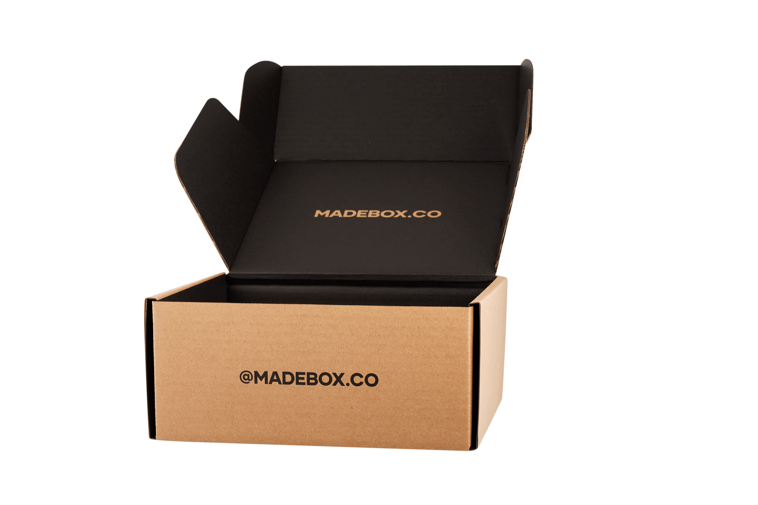 Open magnetic lid box with black interior, branded with @MADEBOX.CO, ideal for gift packaging.