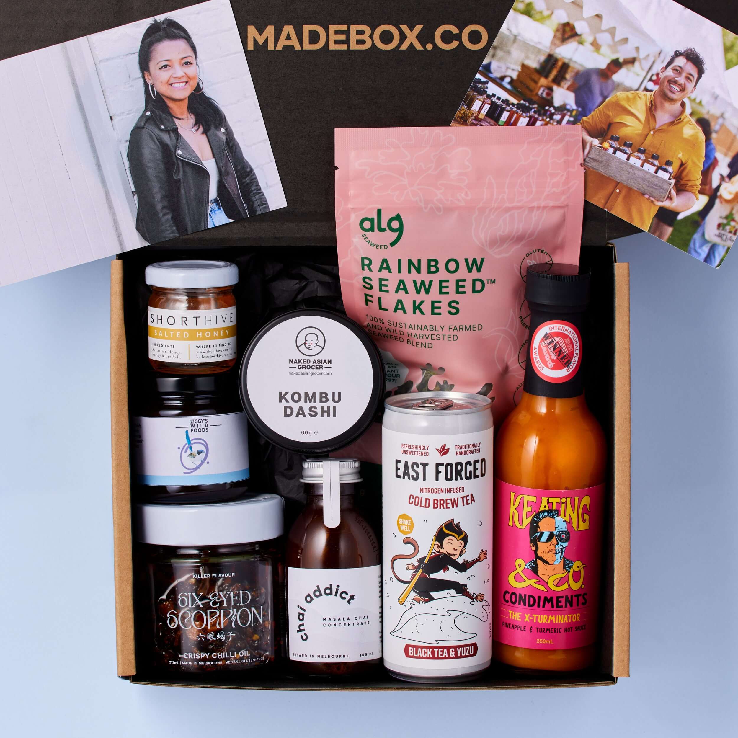 Madebox Flavour Finds Box holiday hamper with gourmet food items and condiments, pre-order gift for culinary enthusiasts.