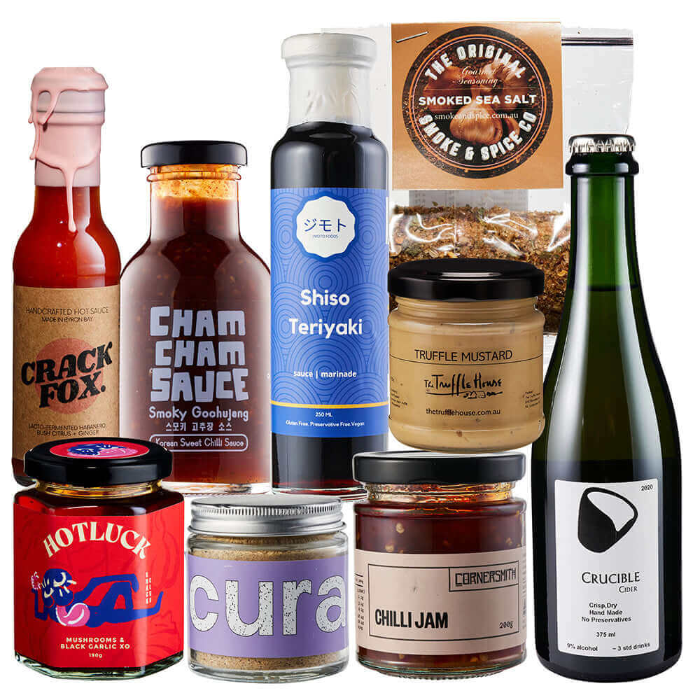 Ultimate Gourmet BBQ Box with gourmet sauces, mustards, and preserves from top Australian chefs.