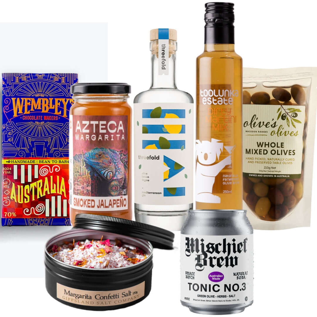 The Cocktail Box - Small featuring margarita ingredients, olives, and specialty products for holiday celebrations.