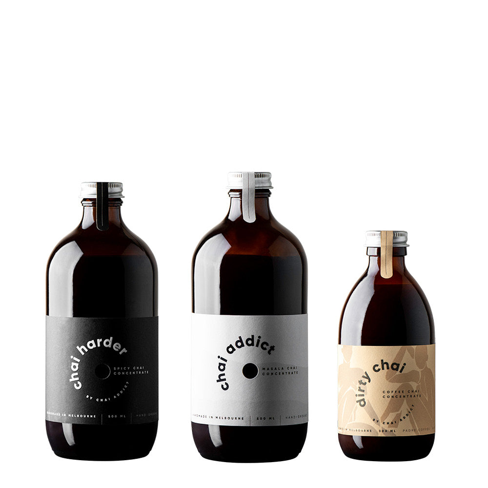 Chai Addict Chai Concentrate Pack featuring chai harder, chai addict, and dirty chai bottles.