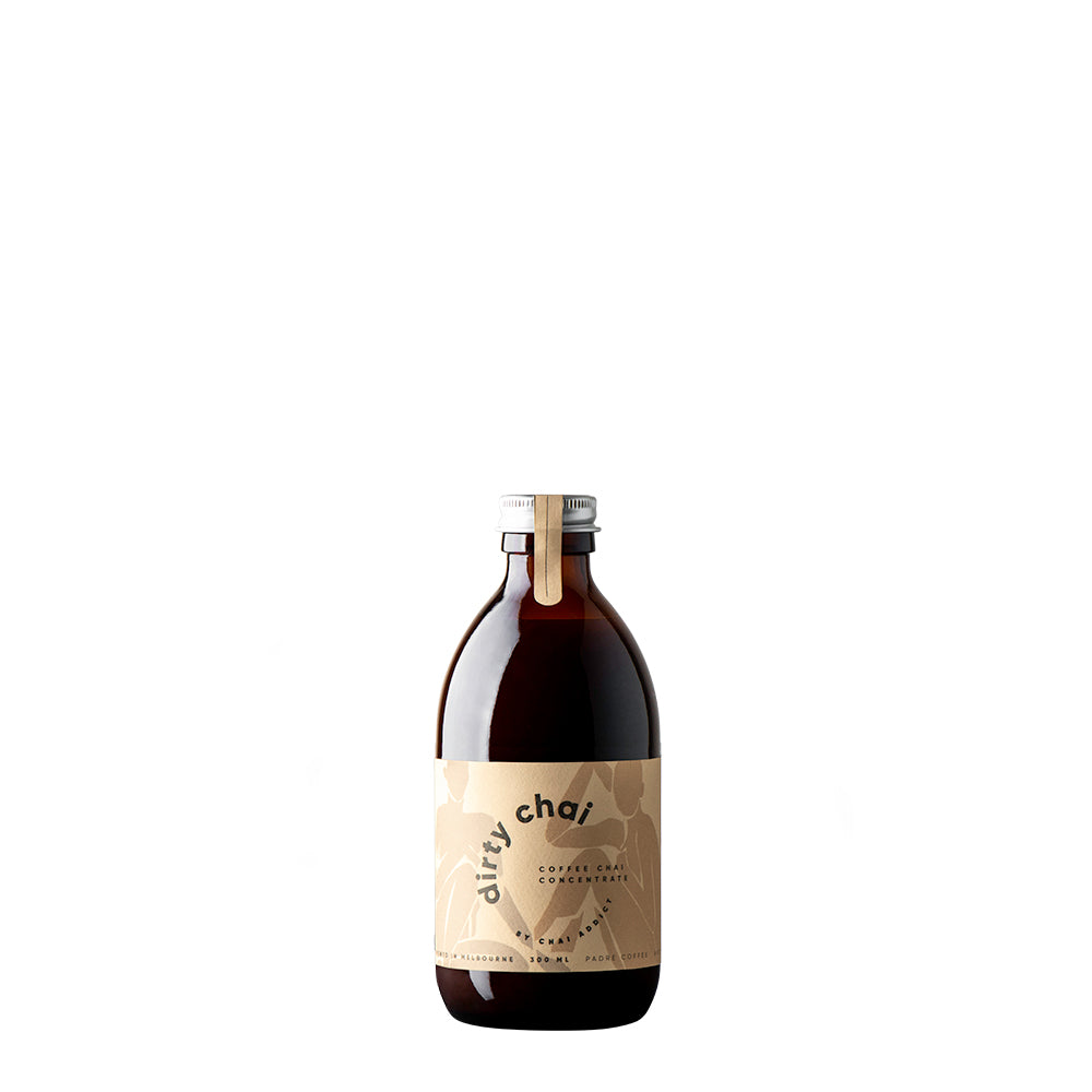 Dirty Chai concentrate bottle, 500ml, unsweetened and vegan-friendly, perfect for chai lattes.