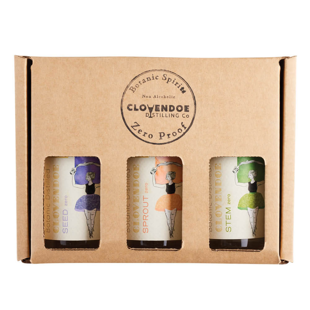 Clovendoe ZERO Non-Alcohol Botanical Spirit Sampler with three 200ml bottles: Seed, Sprout, and Stem.