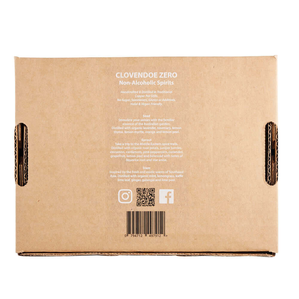 Back of Clovendoe ZERO Non-Alcohol Botanical Spirit Sampler box showing product details and instructions.