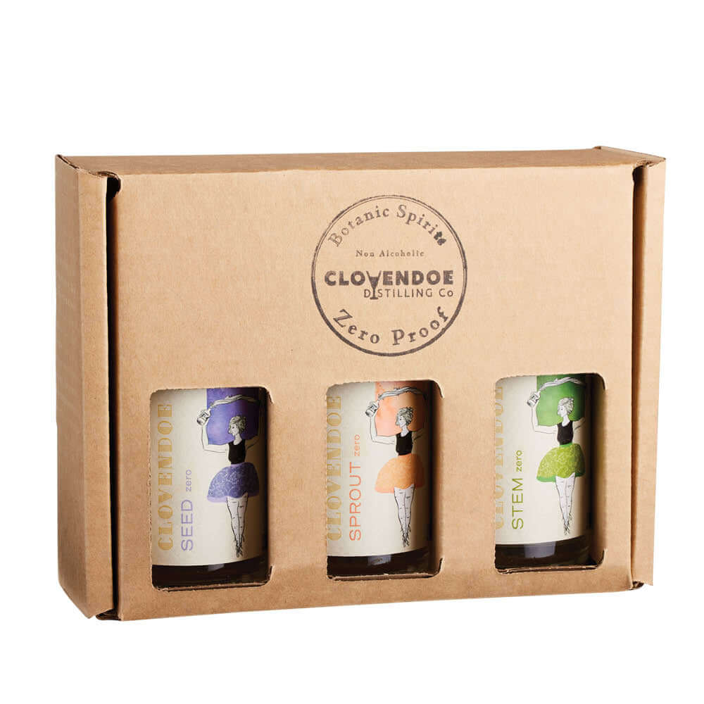Clovendoe ZERO Non-Alcohol Botanical Spirit Sampler box with three 200ml bottles: Seed, Sprout, and Stem.