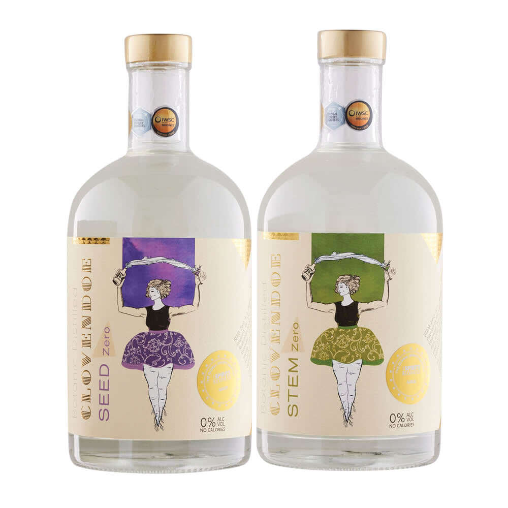 Clovendoe ZERO non-alcohol botanical spirit two-pack featuring SEED and STEM bottles, 500ml each, handcrafted and sugar-free.