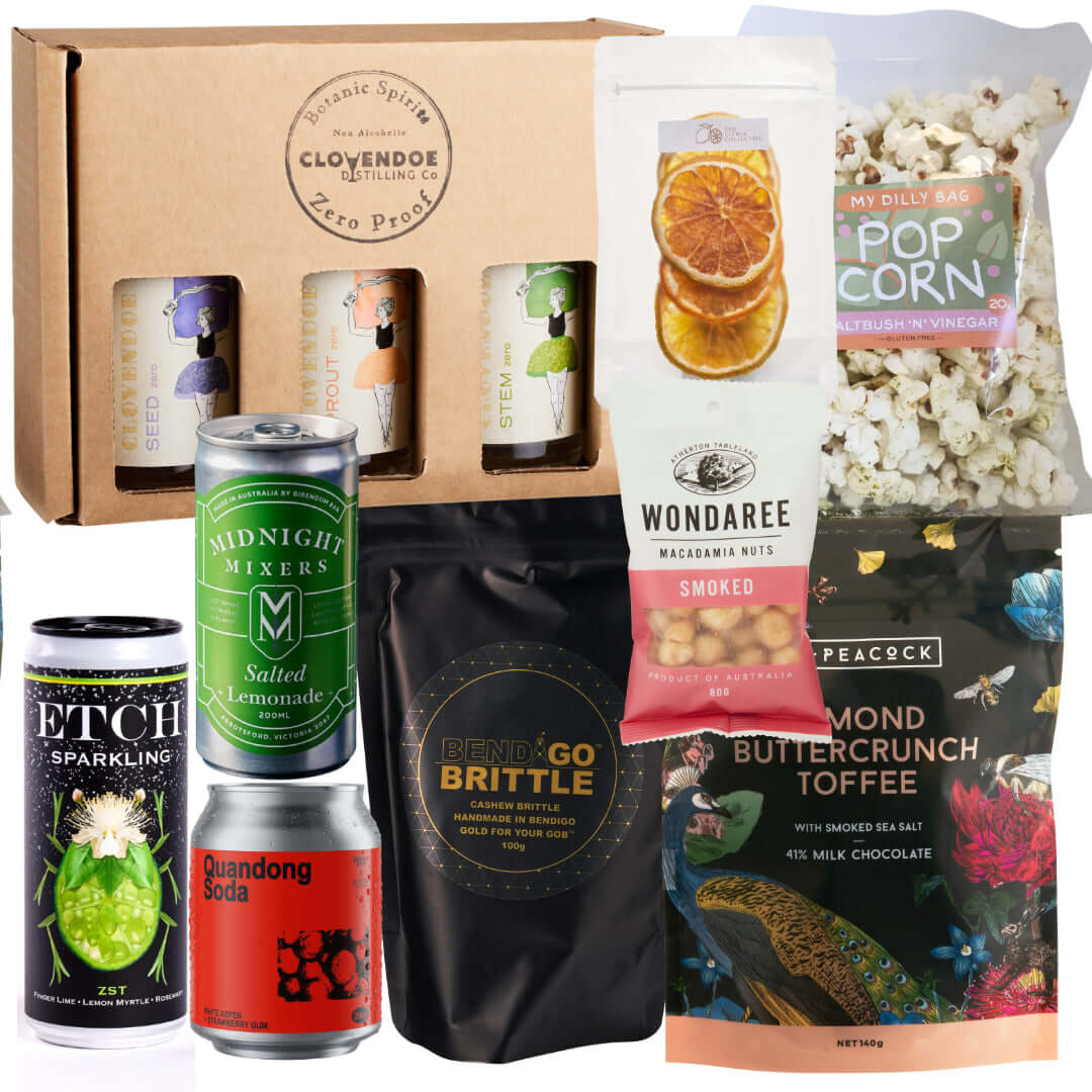 Clovendoe Experience gift box with mixology ingredients, snacks, and beverages for a refined tasting journey.