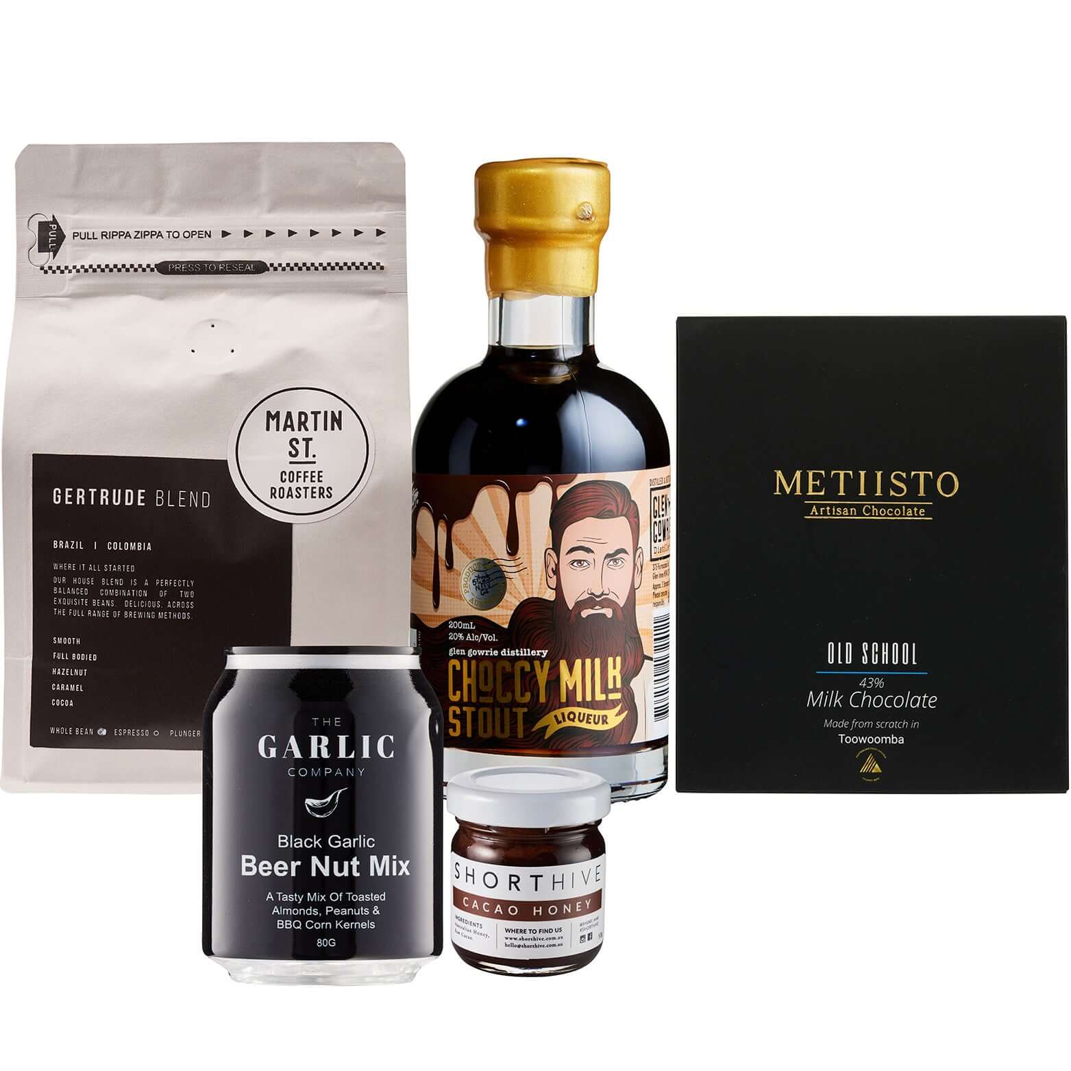 Gourmet gift hamper featuring coffee, dark chocolate, beer nut mix, and chocolate stout for pre-order.