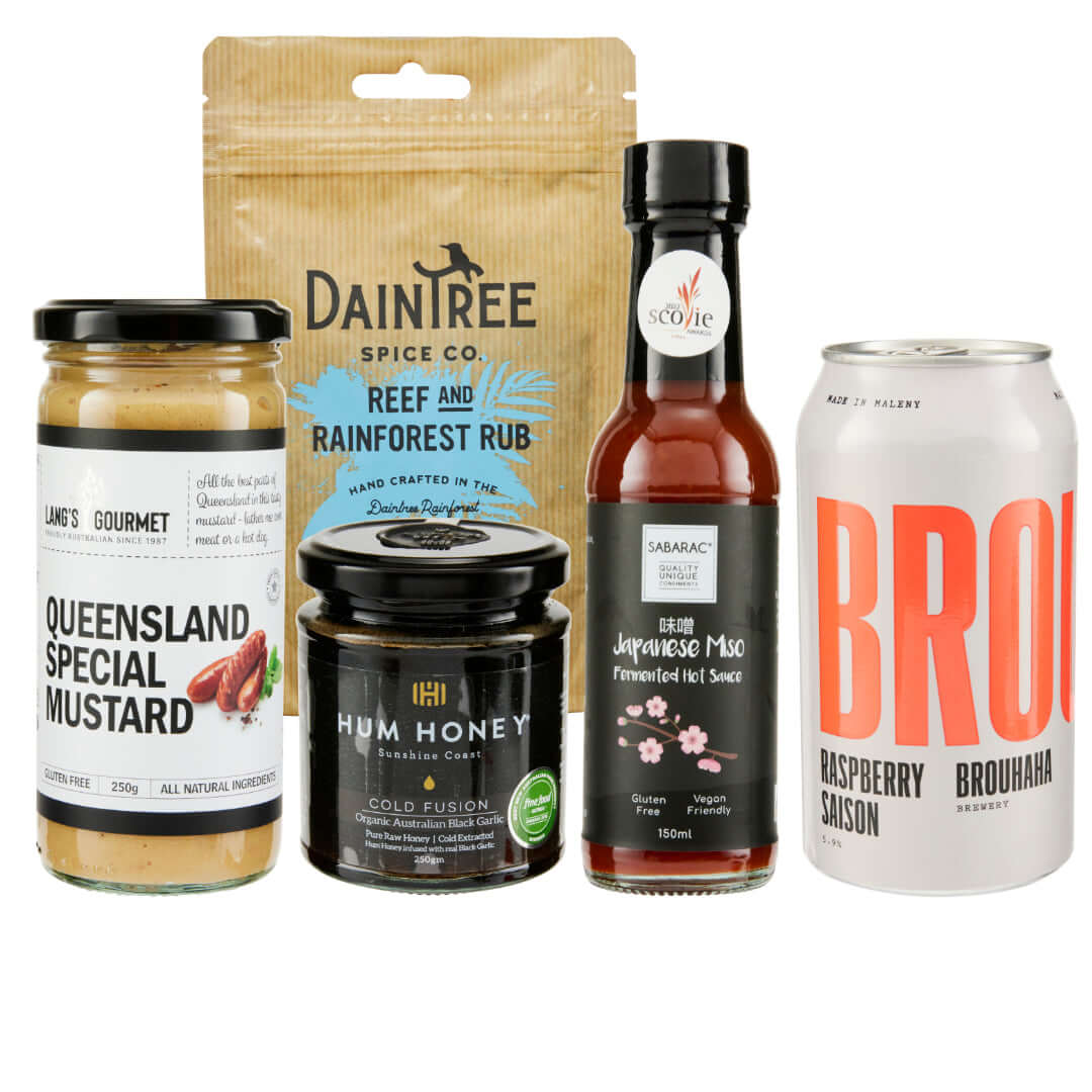 Mini Gourmet BBQ gift box featuring Queensland mustard, honey, Japanese miso sauce, spice rub, and beer.