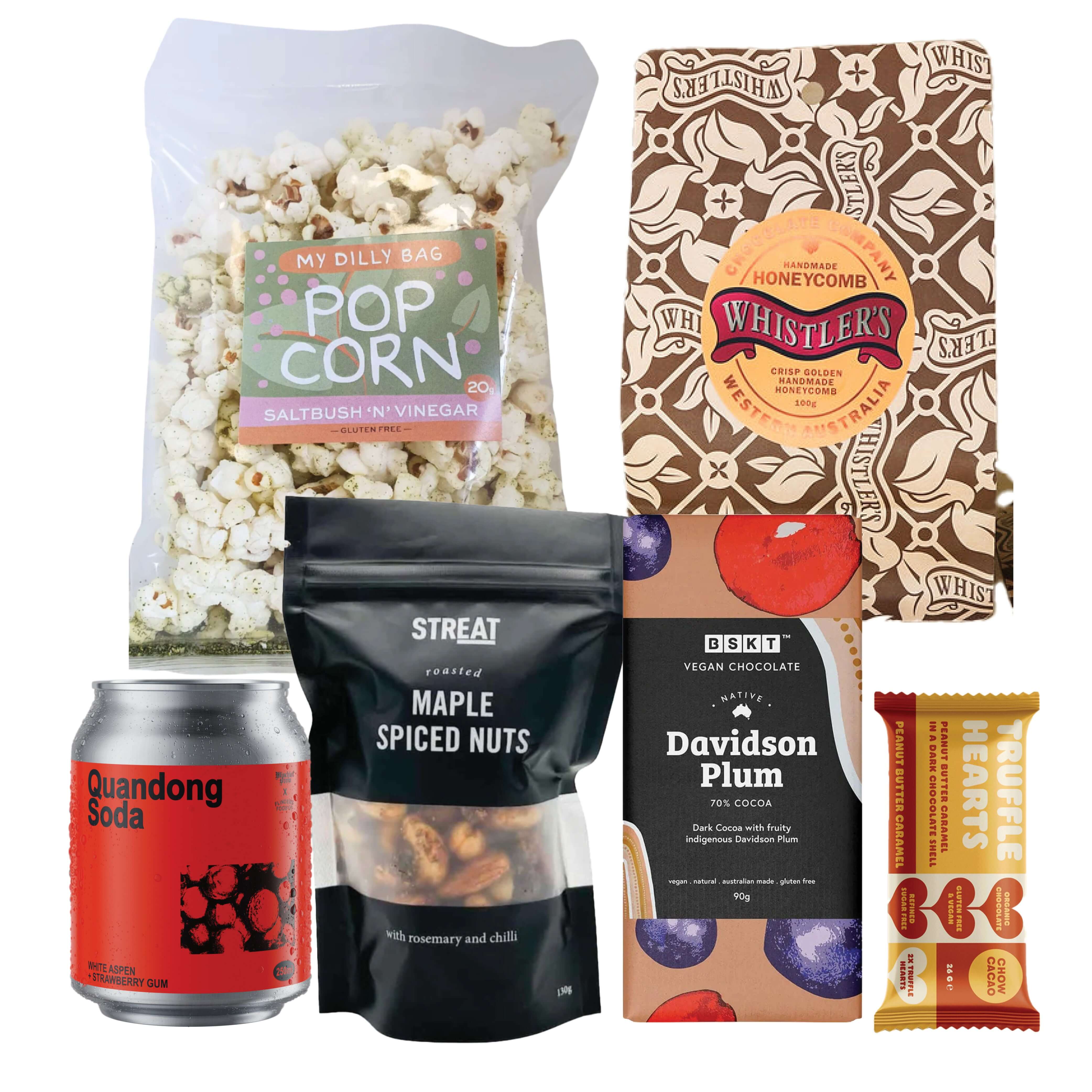 Good Company Box containing snacks: popcorn, flavored soda, spiced nuts, chocolate, and fruit treats.
