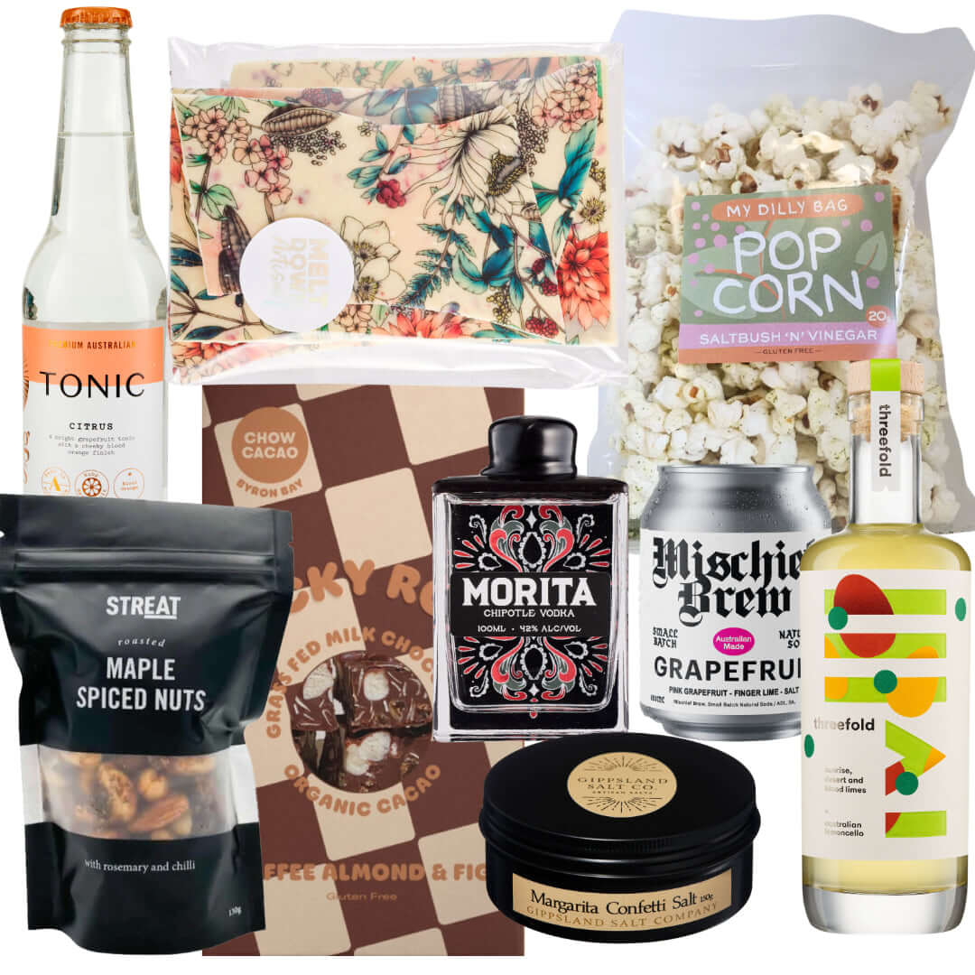 Luxury Spicy Margarita gift box with popcorn, nuts, tonic, and gourmet items for the perfect festive celebration.