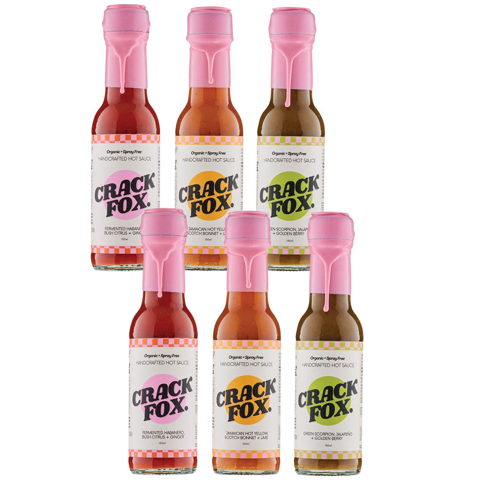 Crack Fox Hot Sauce Summer BBQ Value Pack, six 200ml bottles with colorful labels and pink caps.