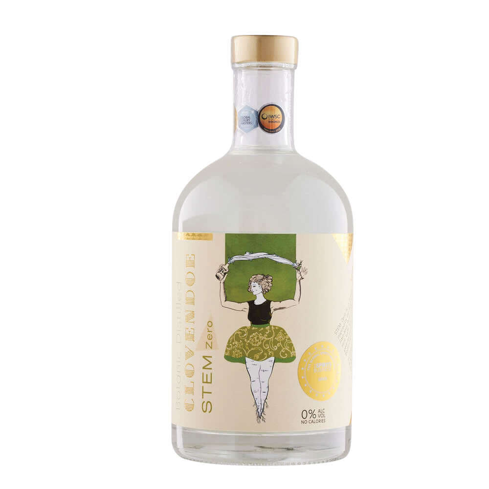 Clovendoe STEM ZERO Non-Alcohol Botanical Spirit bottle, handcrafted and 0% ABV, gluten-free and vegan.