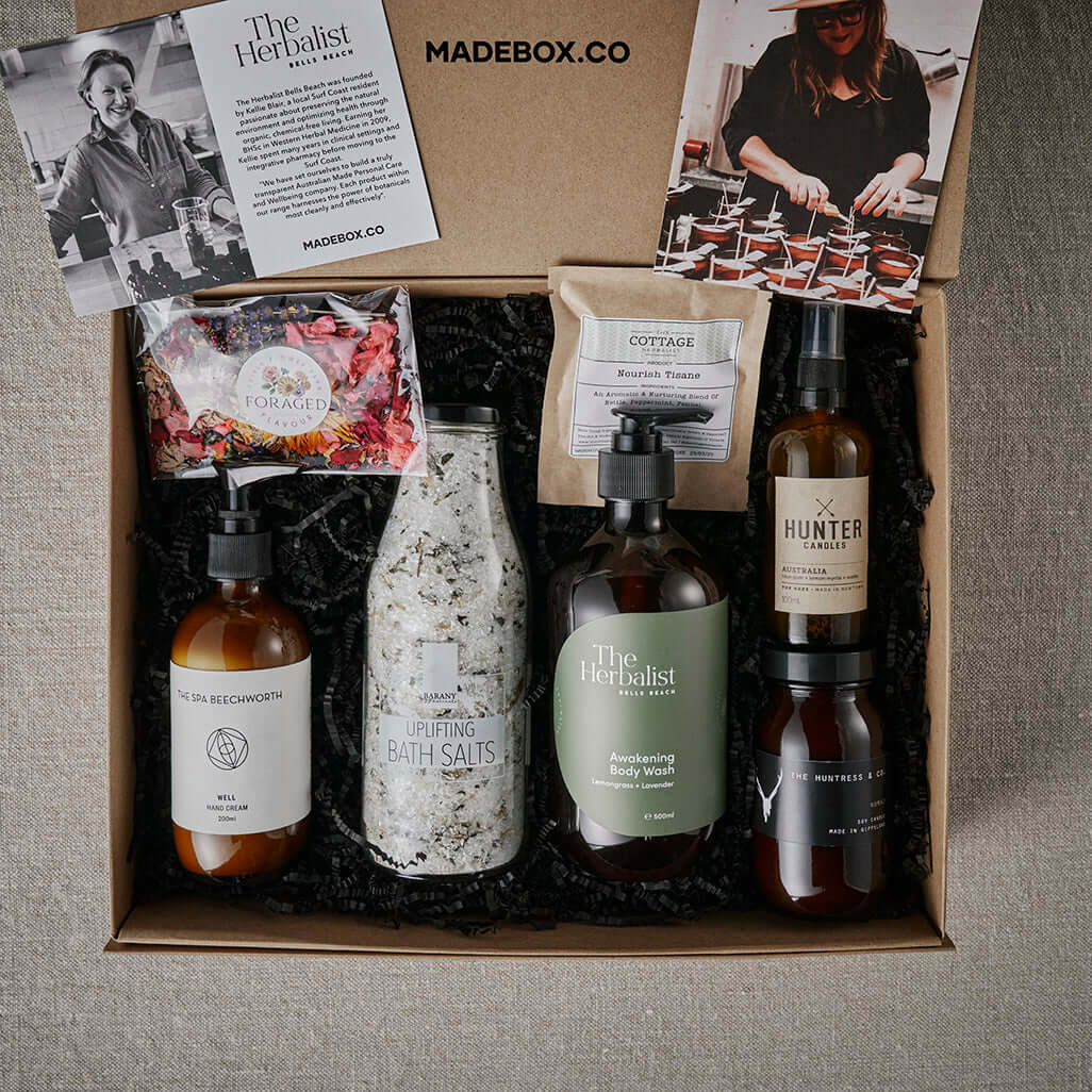 Wellbeing Luxury Gift Box with bath salts and natural products for ultimate relaxation and pampering.