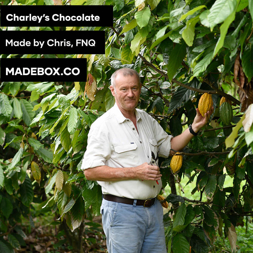 Farmer harvesting cacao pods for Charley's chocolate in FNQ, showcasing sustainable bean-to-bar practices.