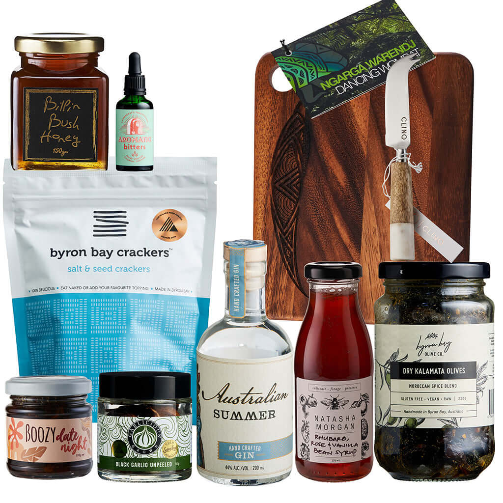 Ultimate Entertainers Box featuring Australian snacks, gin, and gourmet products for holiday gifting.