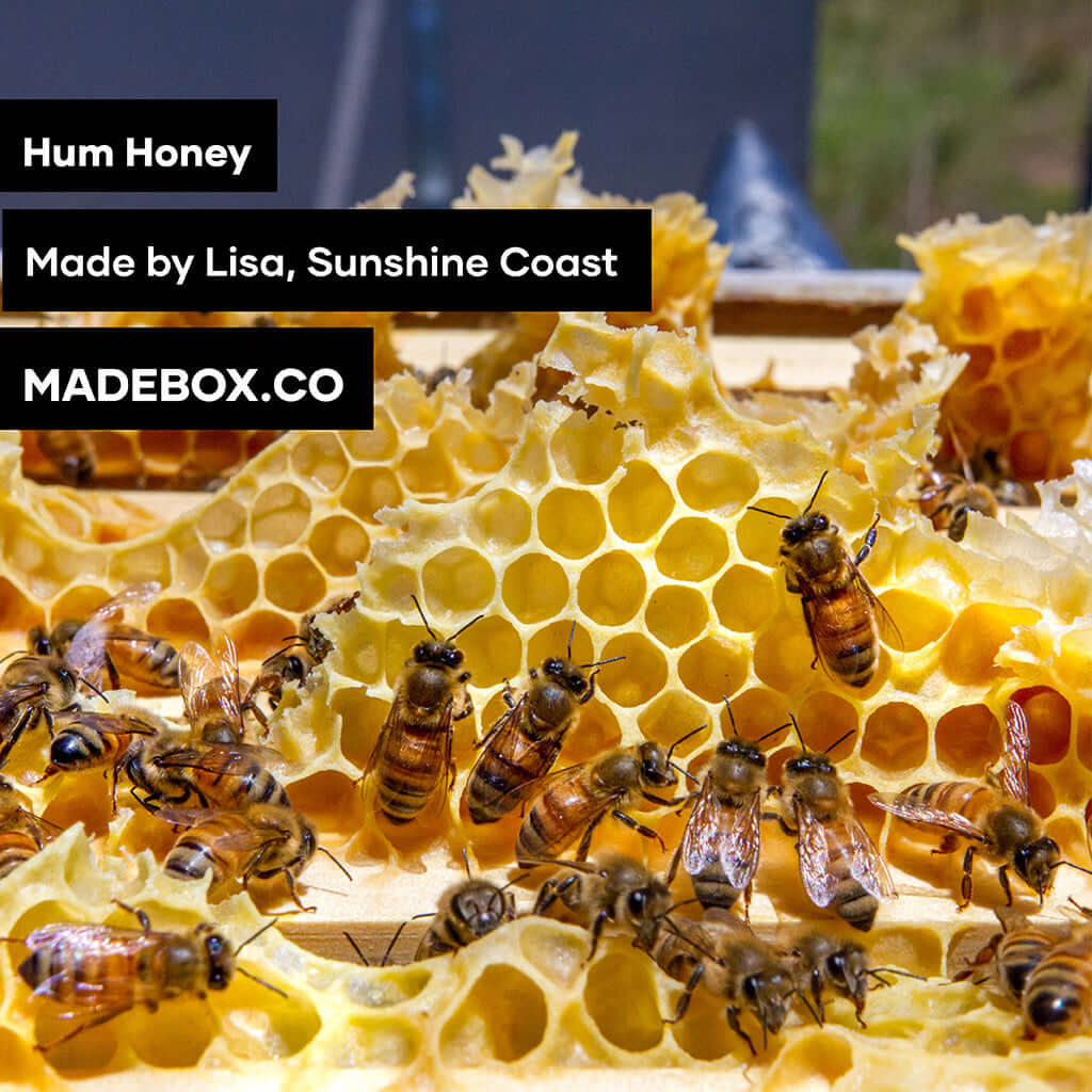 Close-up of Hum Honey with bees on honeycomb, made by Lisa from Sunshine Coast, featured on MadeBox.co.