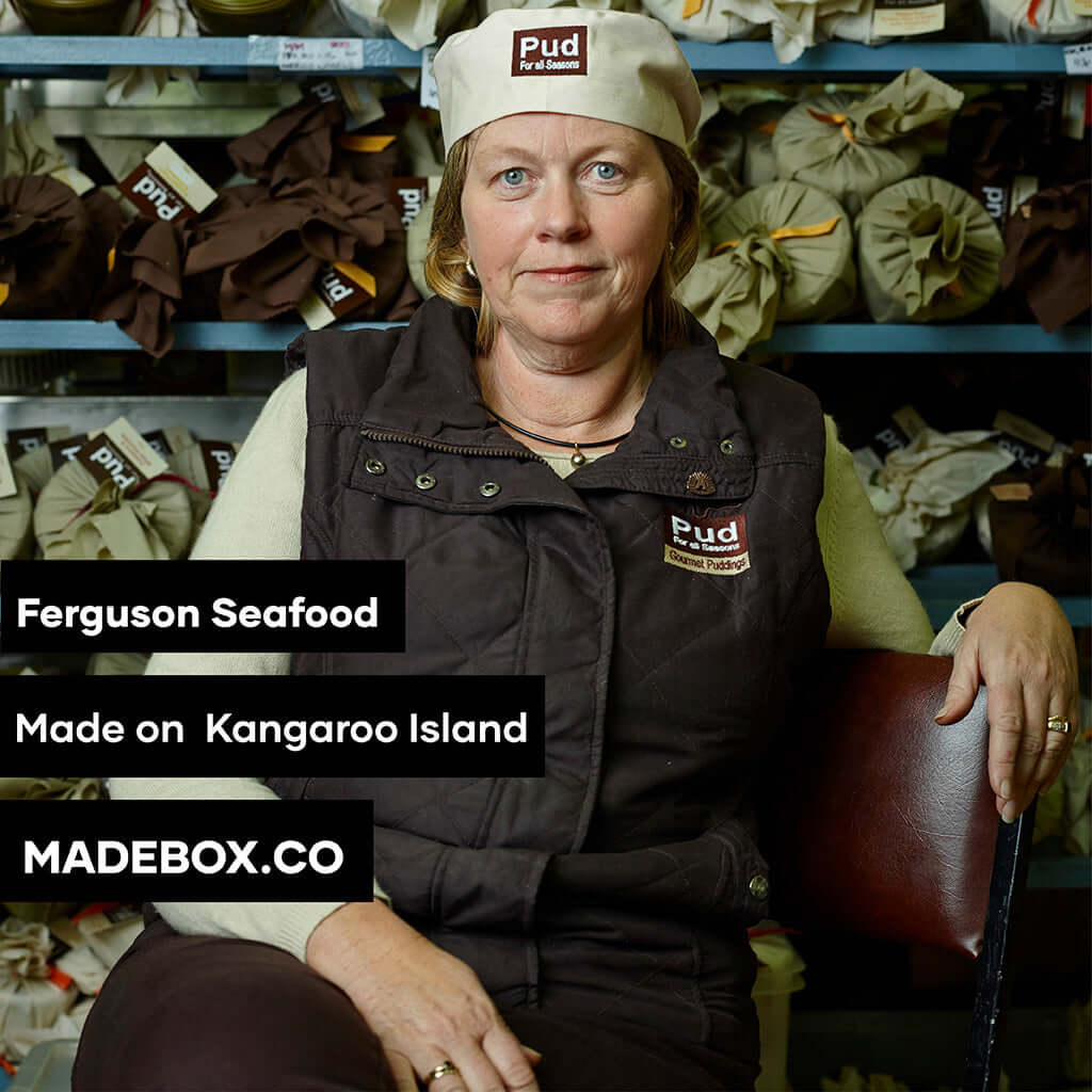 Woman from Ferguson Seafood on Kangaroo Island, showcasing locally made products and craftsmanship.