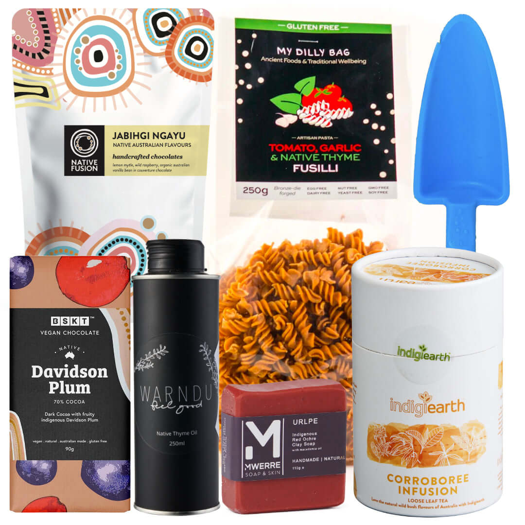 The Indigenous Box featuring vegan chocolate, pasta, and herbal infusion celebrating culture and craftsmanship.