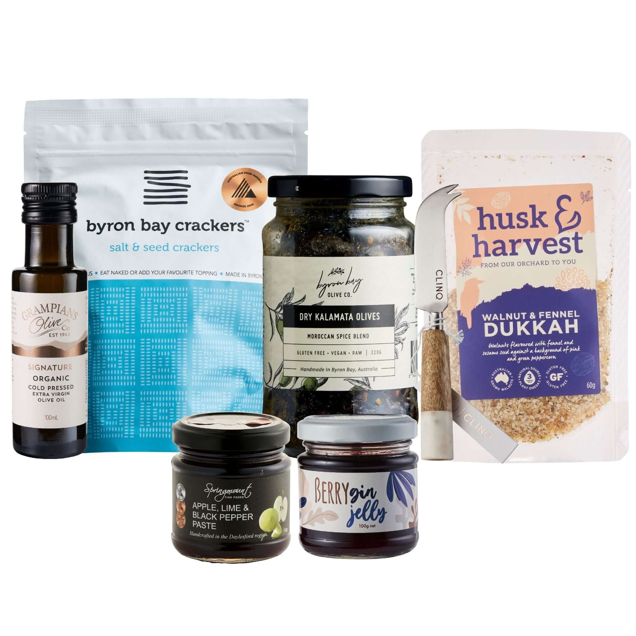Mini Entertainers gift box featuring gourmet crackers, olives, dukkah, and spreads for holiday hosting.