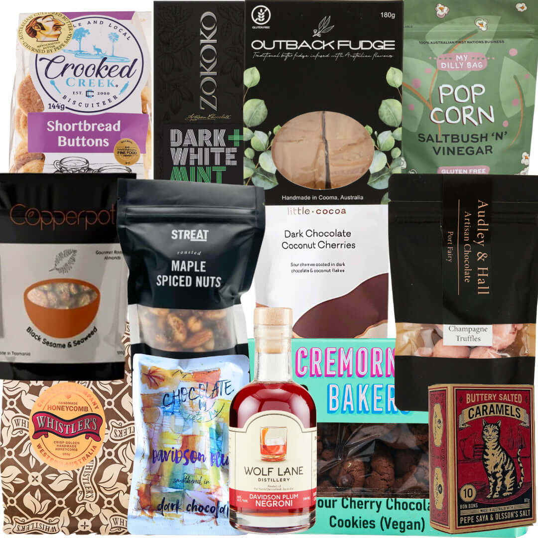 Gourmet Australian gift box featuring chocolates, popcorn, and cookies for holiday pre-order.