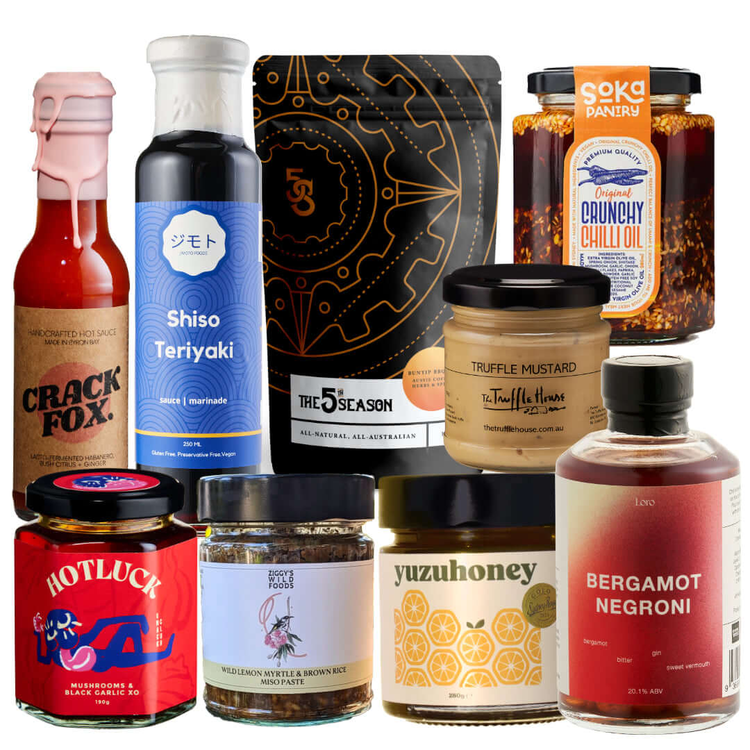 Ultimate Gourmet BBQ Box featuring artisanal sauces, oils, and condiments from Australia for flavorful grilling.