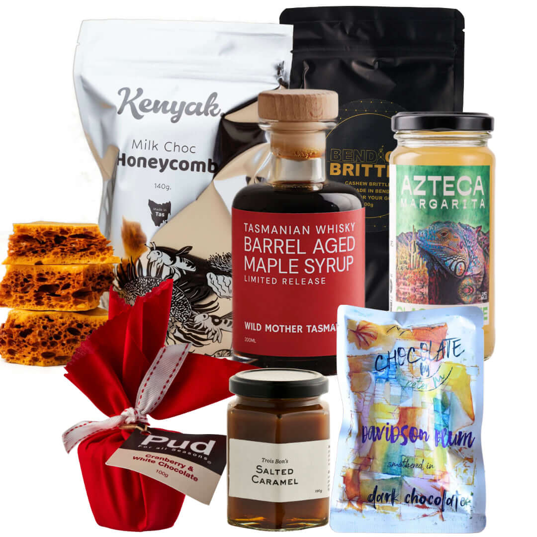 Xmas Delights gift box featuring Australian treats like honeycomb, whisky maple syrup, and gourmet chocolates.